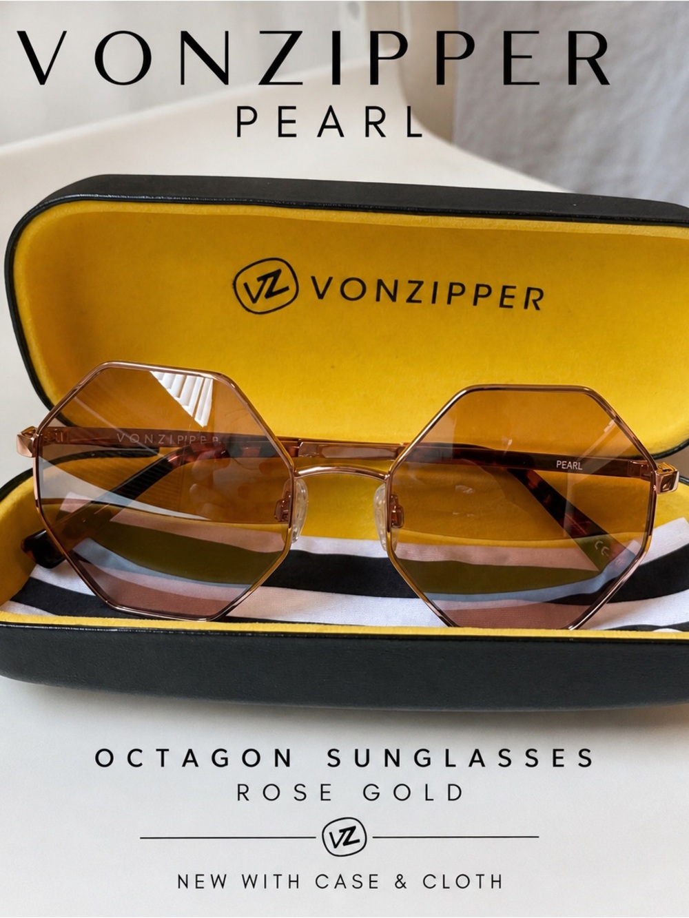 VonZipper Pearl Octagon Rose Gold Sunglasses NWT w/ Case